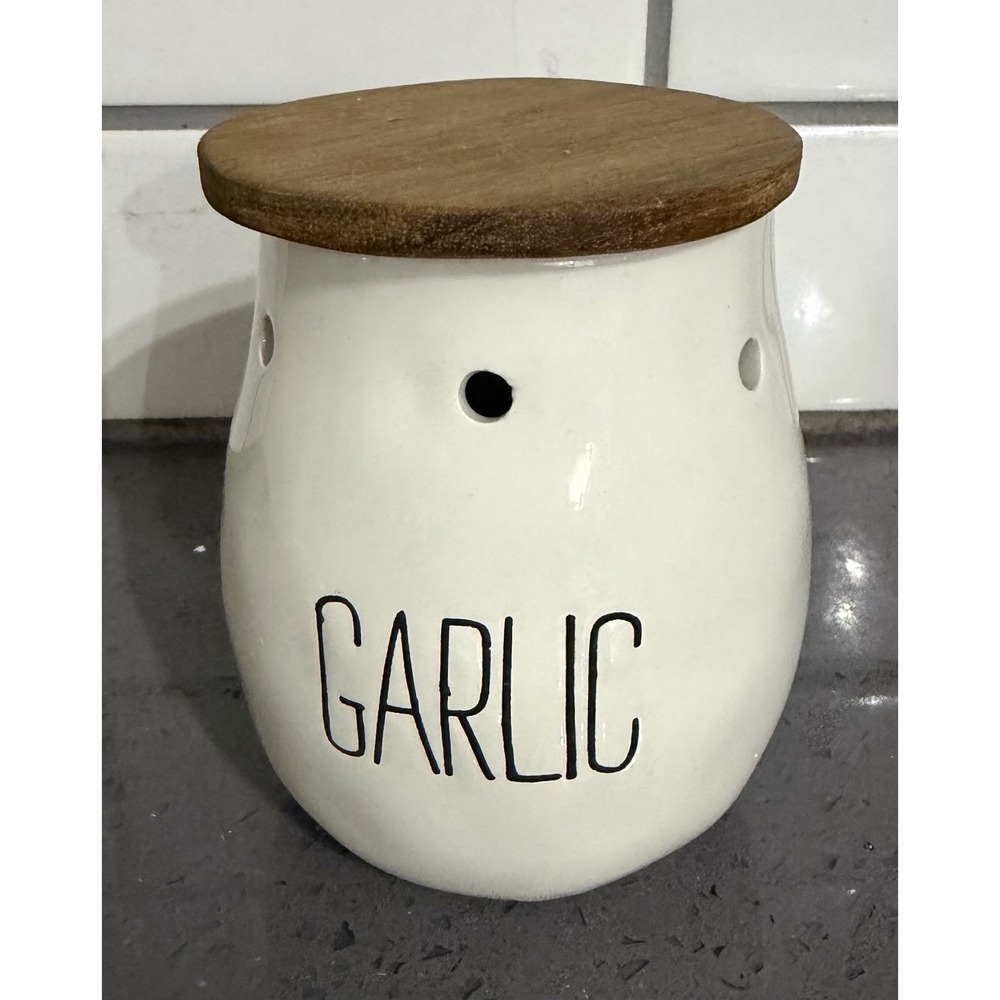 Mud Pie Bistro Garlic Keeper Ceramic Jar with Wood Lid Kitchen Storage